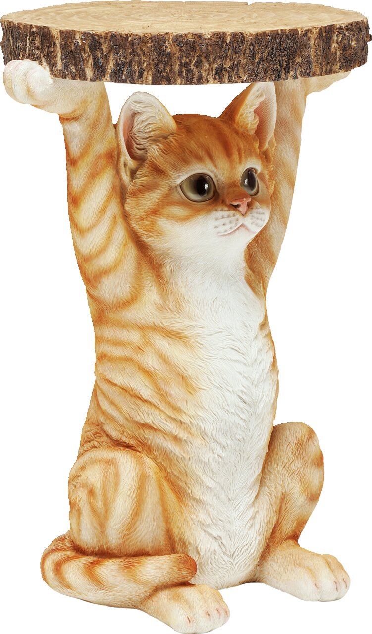 Beistelltisch in Form einer sitzenden Katze, die eine runde Holzplatte über dem Kopf hält, Frontalansicht.