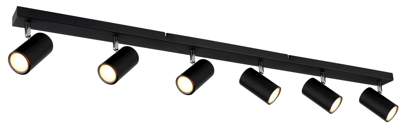 Zwarte plafondspot met zes verstelbare lampen, zijaanzicht