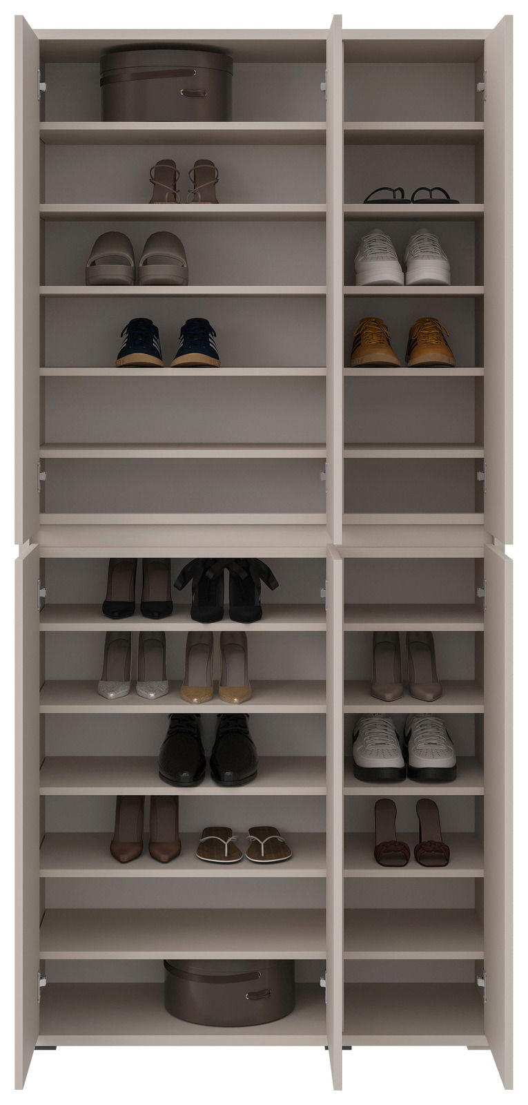 XORA XXL-Schuh-/Mehrzweckschrank LIV Vorderansicht eines XXL-Schuh- und Mehrzweckschranks mit mehreren Regalböden, gefüllt mit verschiedenen Schuhen und zwei runden Boxen.