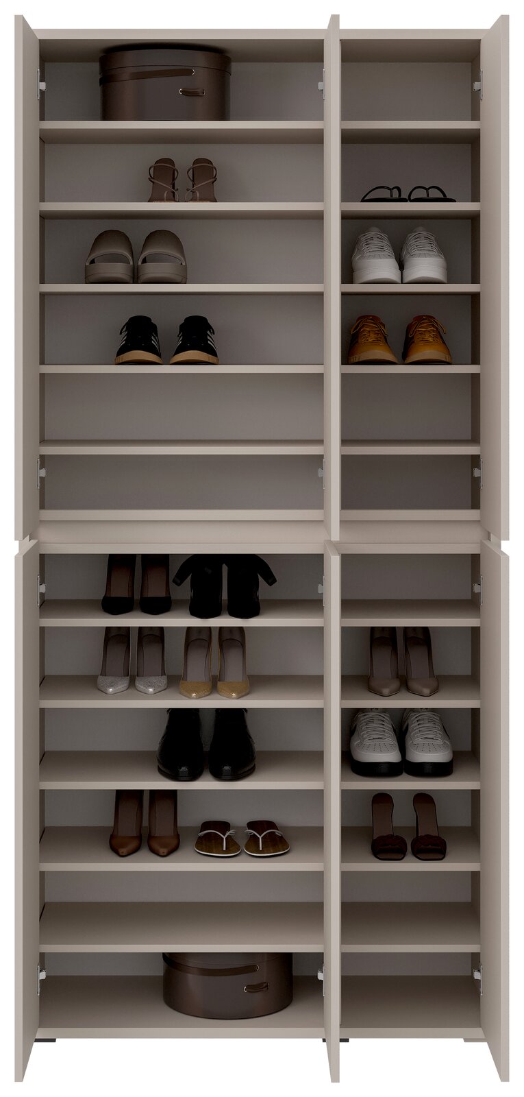 Vorderansicht eines XXL-Schuh- und Mehrzweckschranks mit mehreren Regalböden, gefüllt mit verschiedenen Schuhen und zwei runden Boxen.