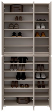 Vorderansicht eines XXL-Schuh- und Mehrzweckschranks mit mehreren Regalböden, gefüllt mit verschiedenen Schuhen und zwei runden Boxen.