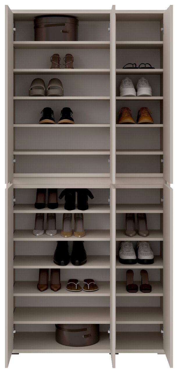XORA XXL-schoenen-/multifunctionele kast LIV Vooraanzicht van een XXL-schoenen- en multifunctionele kast met meerdere planken, gevuld met diverse schoenen en twee ronde bakken.