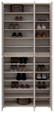 Vooraanzicht van een XXL-schoenen- en multifunctionele kast met meerdere planken, gevuld met diverse schoenen en twee ronde bakken.