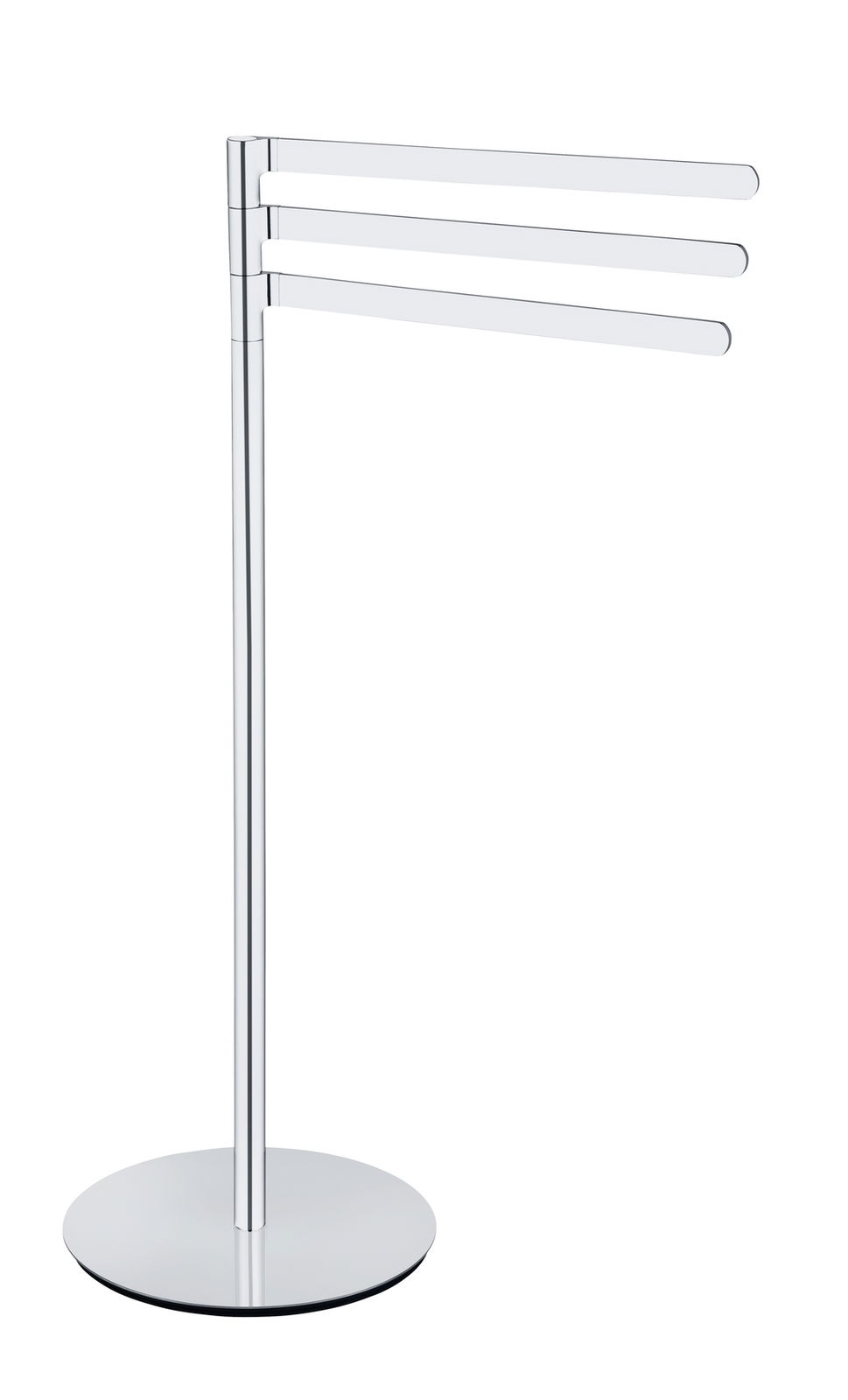 Moderner Handtuchständer aus Edelstahl mit drei schwenkbaren Armen, seitliche Perspektive