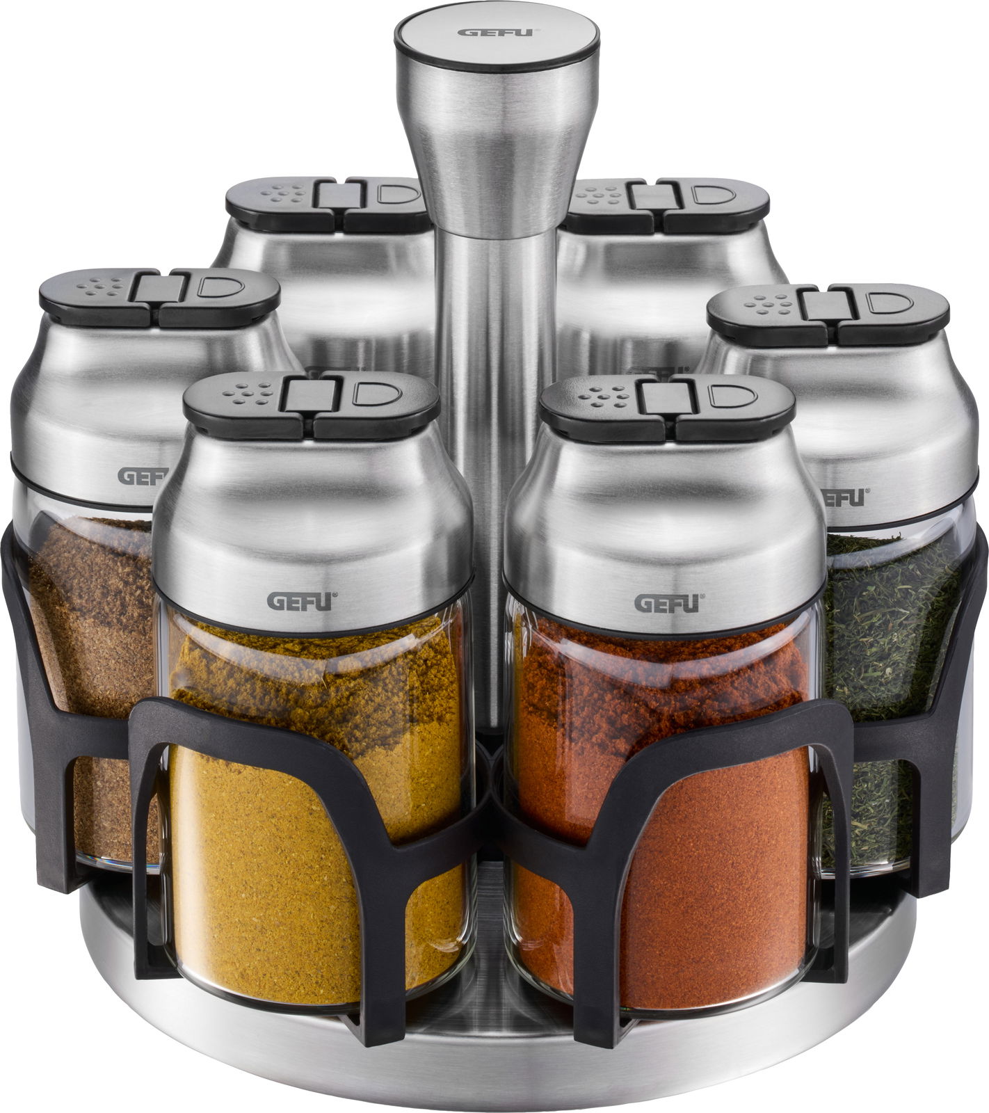 Gewürzkarussell aus Edelstahl mit sieben Gläsern, gefüllt mit verschiedenen Gewürzen, in einer frontalen Ansicht.