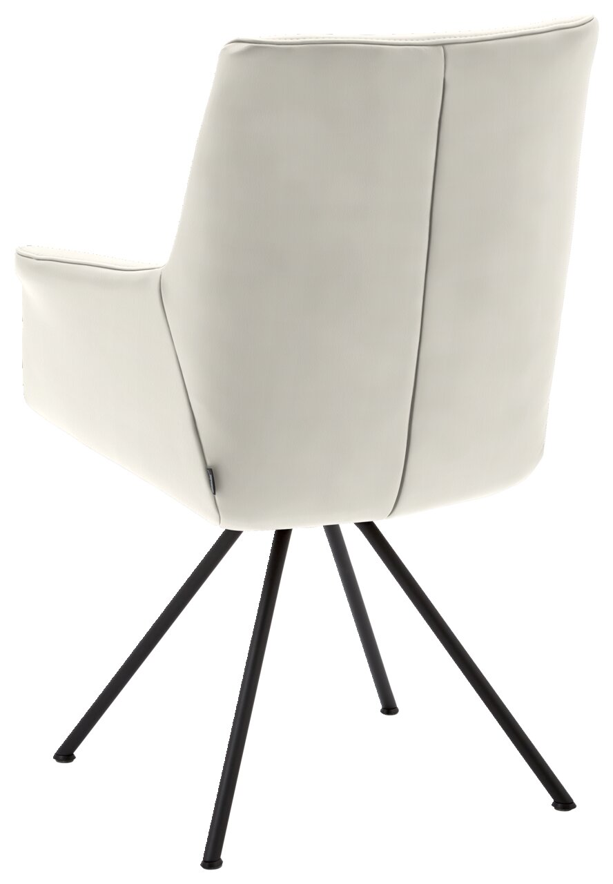 Achterkant van een moderne fauteuil met een lichtgrijze bekleding en zwarte metalen poten.