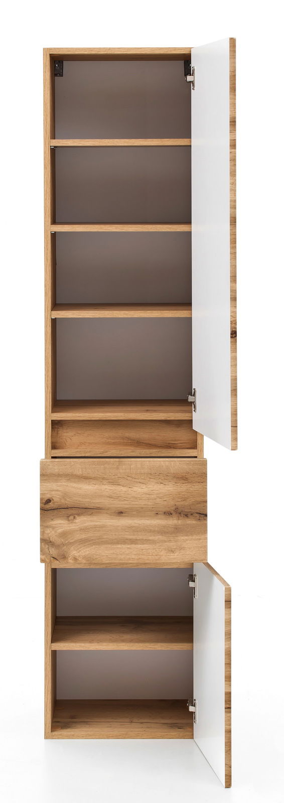 Hochschrank aus Holz mit offenen Türen, zeigt mehrere Regalböden, Frontansicht.