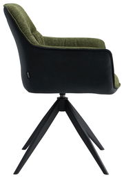Moderner Sessel mit grünem Stoffbezug und schwarzem Gestell, Seitenansicht