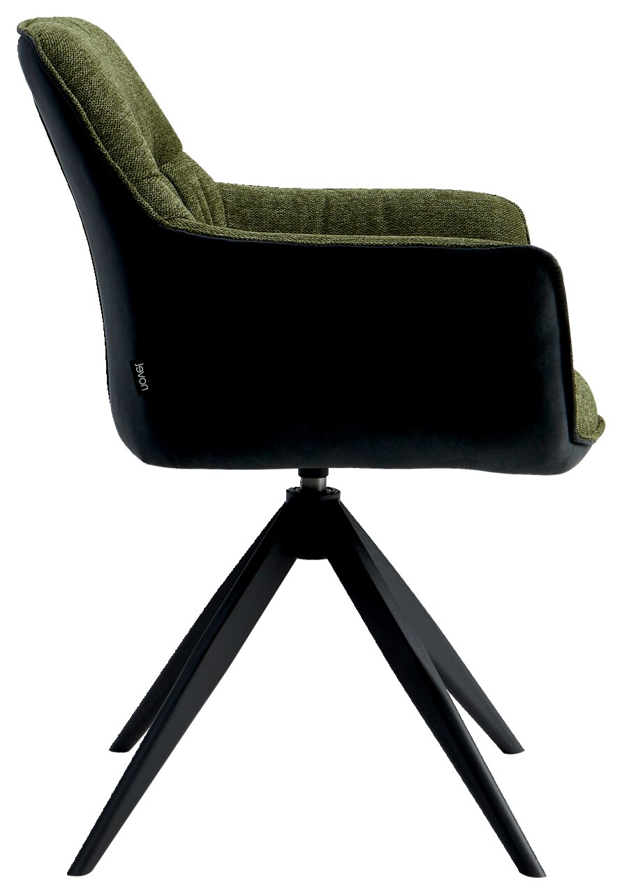 Moderner Sessel mit grünem Stoffbezug und schwarzem Gestell, Seitenansicht
