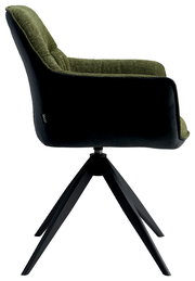 Moderner Sessel mit grünem Stoffbezug und schwarzem Gestell, Seitenansicht
