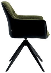 Moderner Sessel mit grünem Stoffbezug und schwarzem Gestell, Seitenansicht