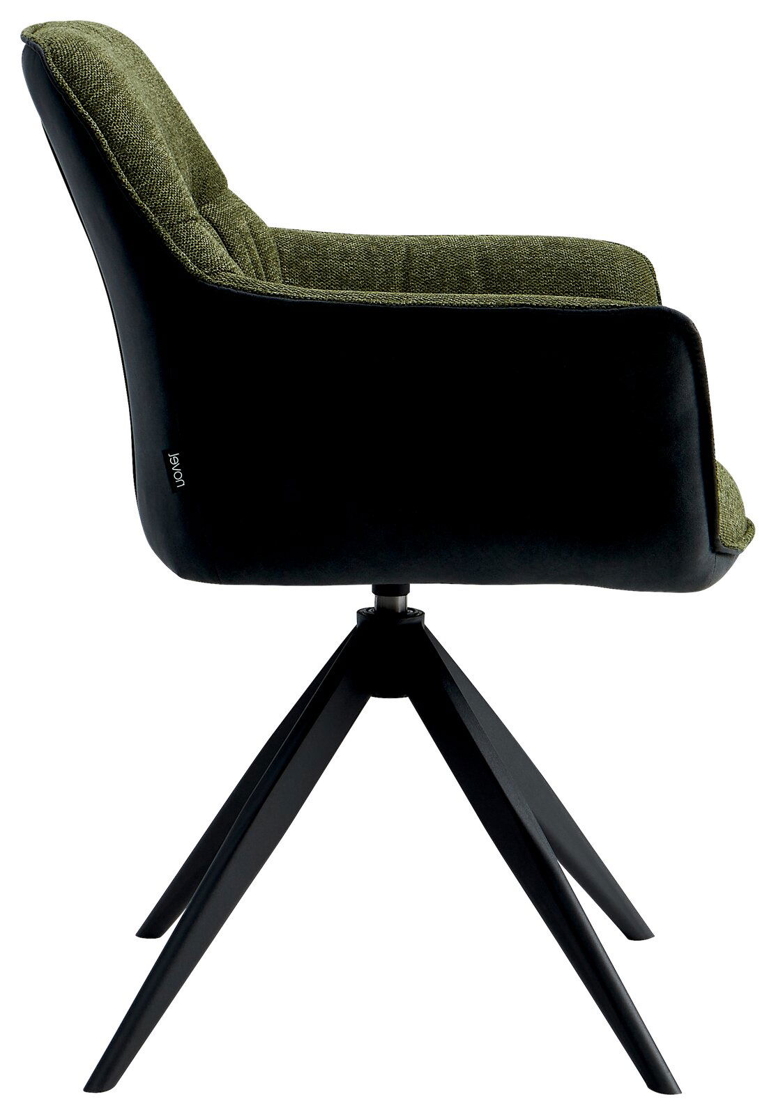 Moderner Sessel mit grünem Stoffbezug und schwarzem Gestell, Seitenansicht