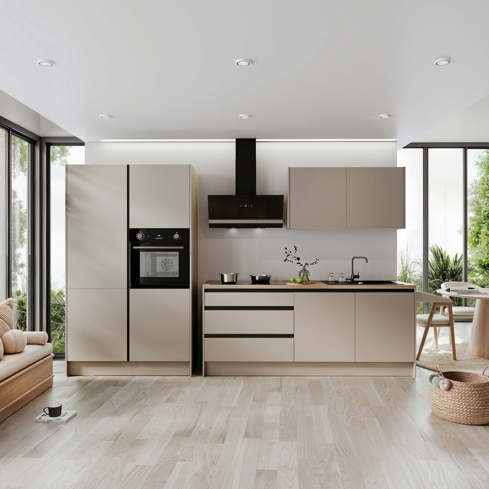 Moderne Küche mit Küchenblock Premium 335 in neutralen Farben, ausgestattet mit Einbaugeräten und Blick auf eine helle, offene Umgebung.