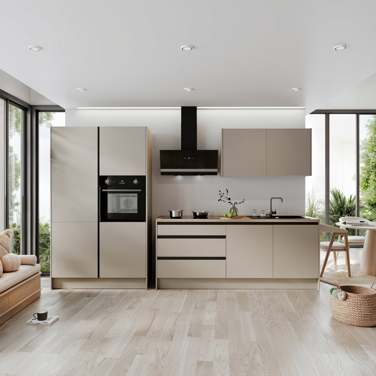 Moderne Küche mit Küchenblock Premium 335 in neutralen Farben, ausgestattet mit Einbaugeräten und Blick auf eine helle, offene Umgebung.