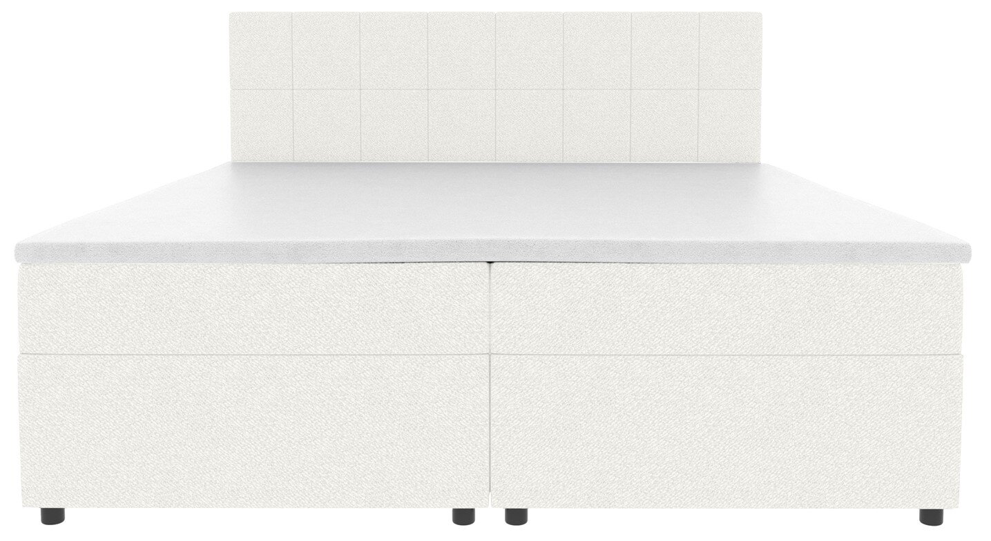 Wit, gestoffeerd boxspringbed met een hoog, gestoffeerd hoofdeinde en zwarte poten, vooraanzicht op een witte achtergrond.