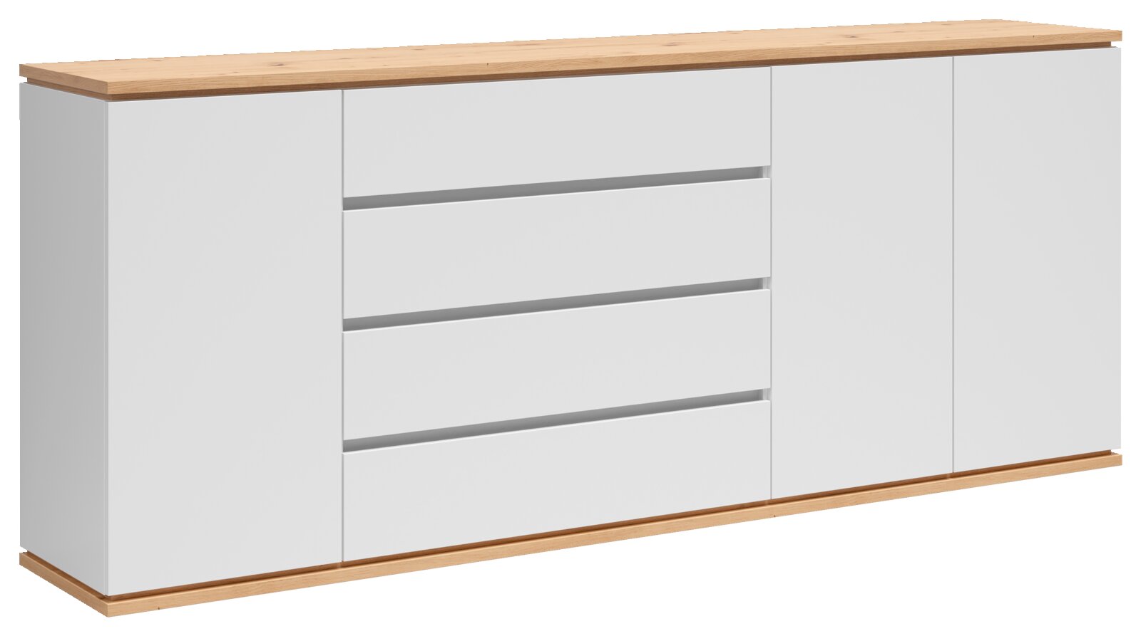 Weißes Sideboard mit Holzplatte und Holzsockel, mittig vier Schubladen und seitlich zwei Türen, in schräger Frontansicht von links