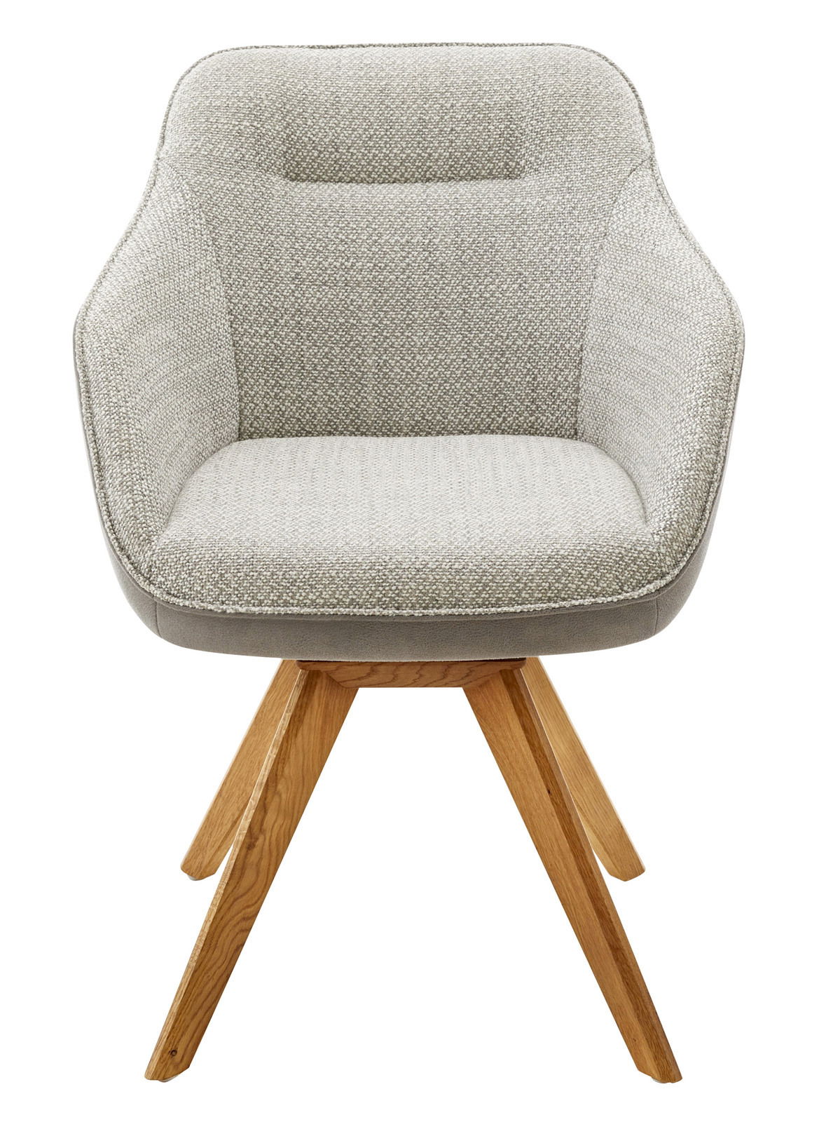 Moderner Sessel mit grauem Stoffbezug und Holzbeinen, Frontalansicht