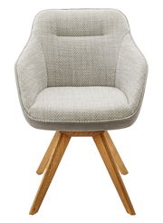 Moderner Sessel mit grauem Stoffbezug und Holzbeinen, Frontalansicht