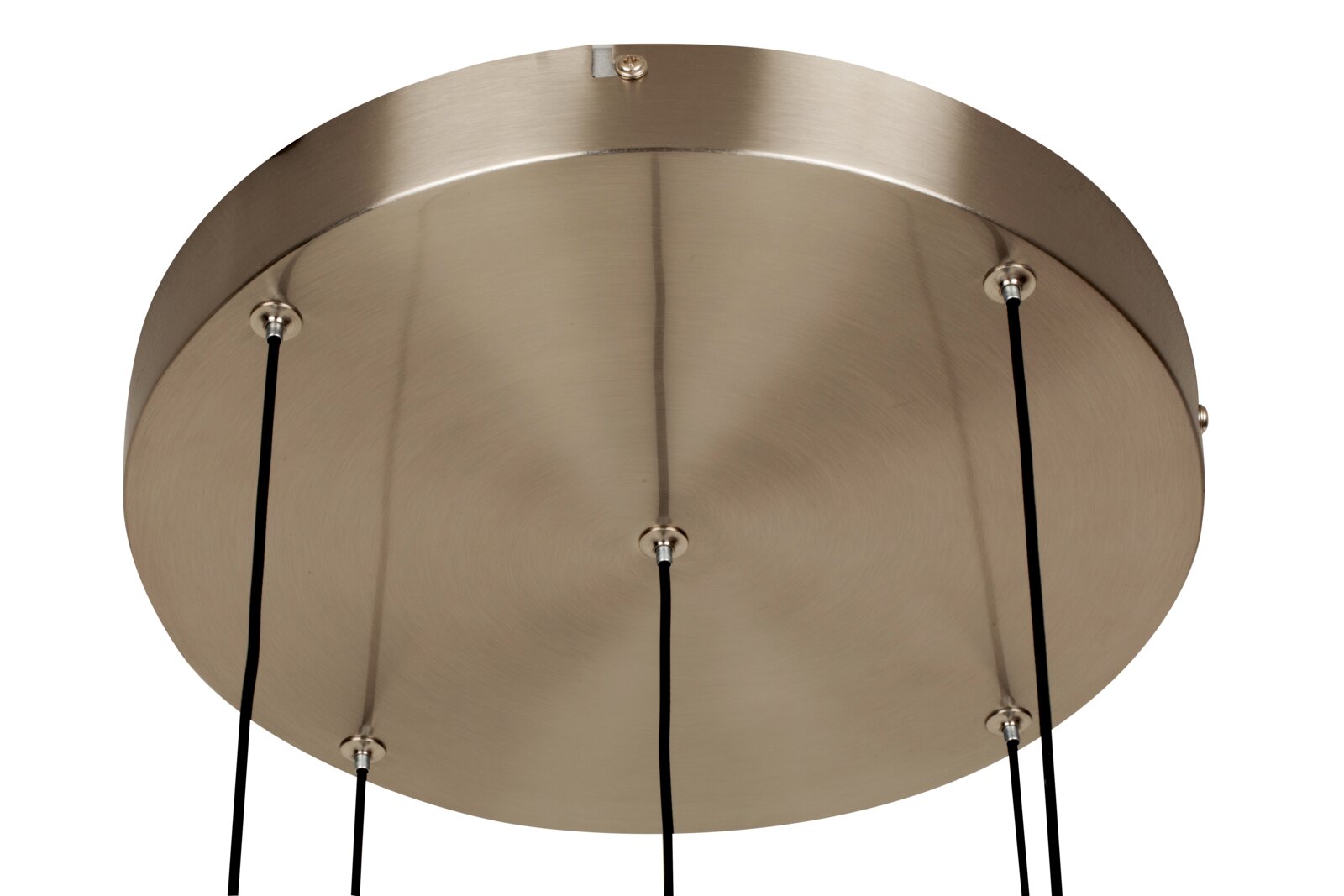 Novel LED-Hängeleuchte HÄNGELEUCHTE Nahaufnahme der Unterseite einer LED-Hängeleuchte mit mehreren schwarzen Kabeln, die von einer runden, metallischen Basis herabhängen.