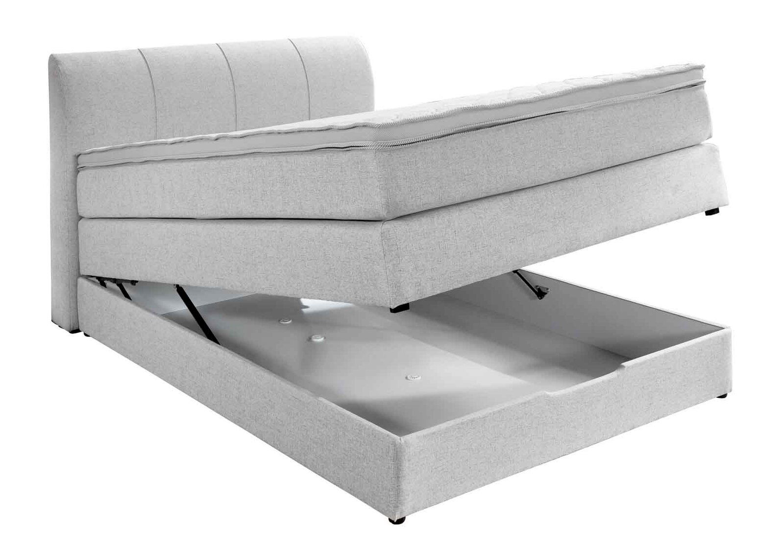 Boxspringbett mit geöffnetem Stauraum, seitliche Perspektive