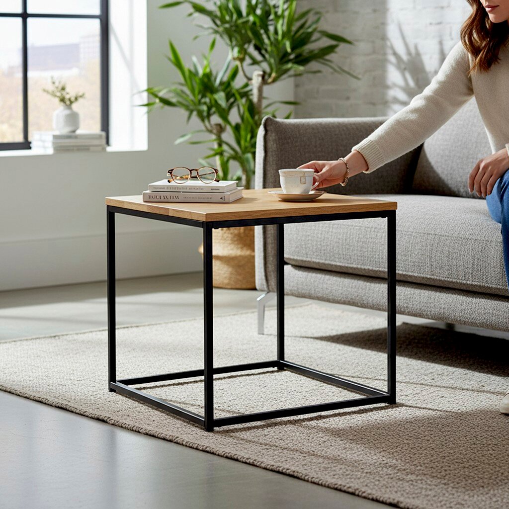 Moderner Beistelltisch mit Holzplatte und schwarzem Metallgestell neben einem grauen Sofa, darauf Bücher und eine Tasse; Perspektive: leicht schräg von vorne auf Tischhöhe.