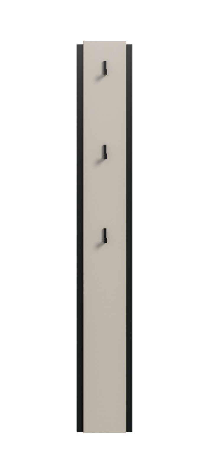 Schmale, vertikale Wandgarderobe mit drei schwarzen Haken auf heller Frontplatte und dunkler Rückwand, frontal von vorn dargestellt