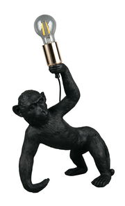 Schwarze Tischleuchte in Form eines Affen, der eine Glühbirne in der Hand hält, seitliche Perspektive
