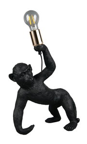 Schwarze Tischleuchte in Form eines Affen, der eine Glühbirne in der Hand hält, seitliche Perspektive