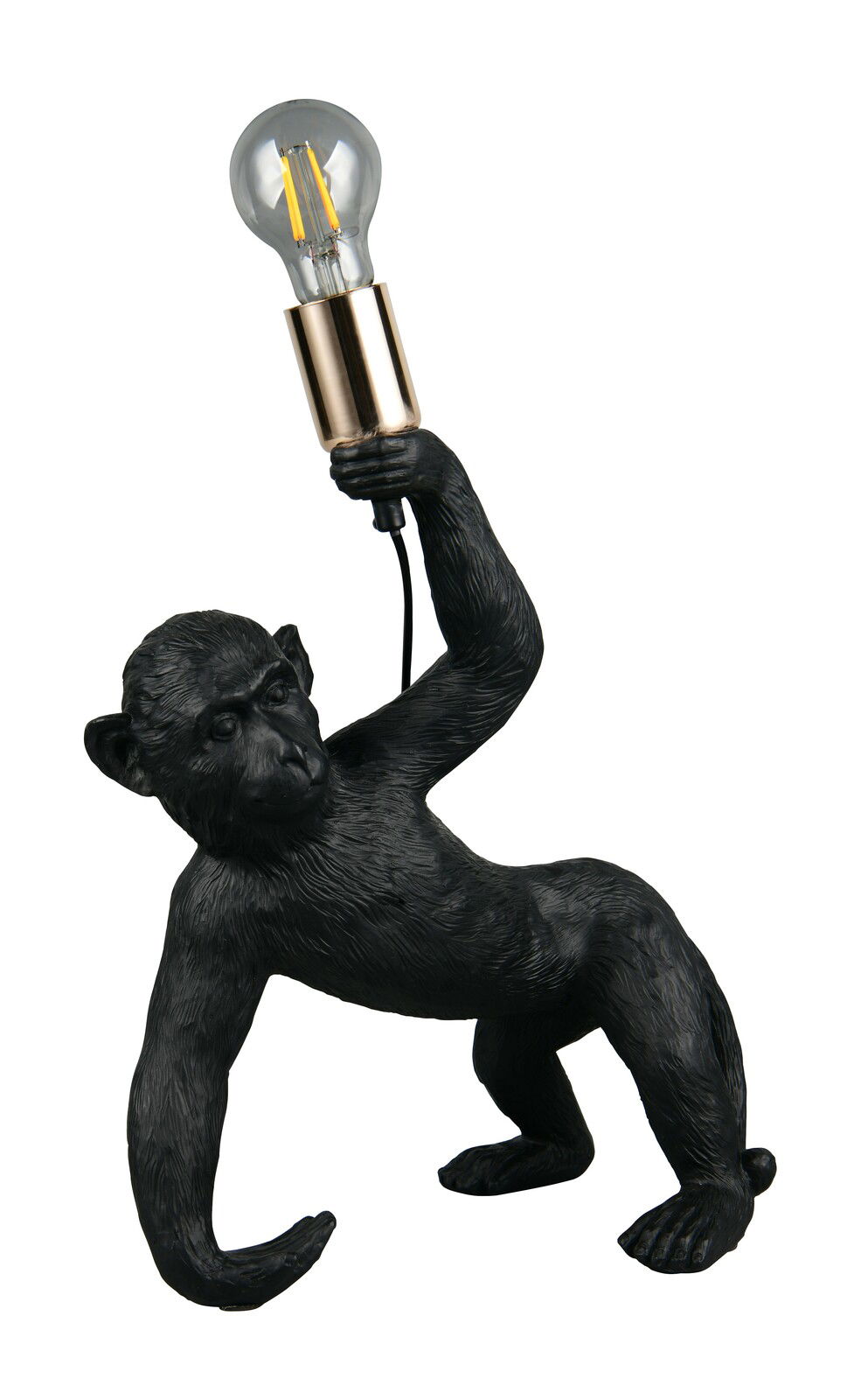 Schwarze Tischleuchte in Form eines Affen, der eine Glühbirne in der Hand hält, seitliche Perspektive