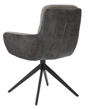 Moderner Stuhl mit dunklem Stoffbezug und schwarzem Metallgestell, Rückansicht