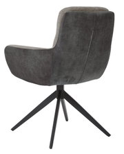 Moderne stoel met donkere stoffen bekleding en een zwart metalen frame, achteraanzicht