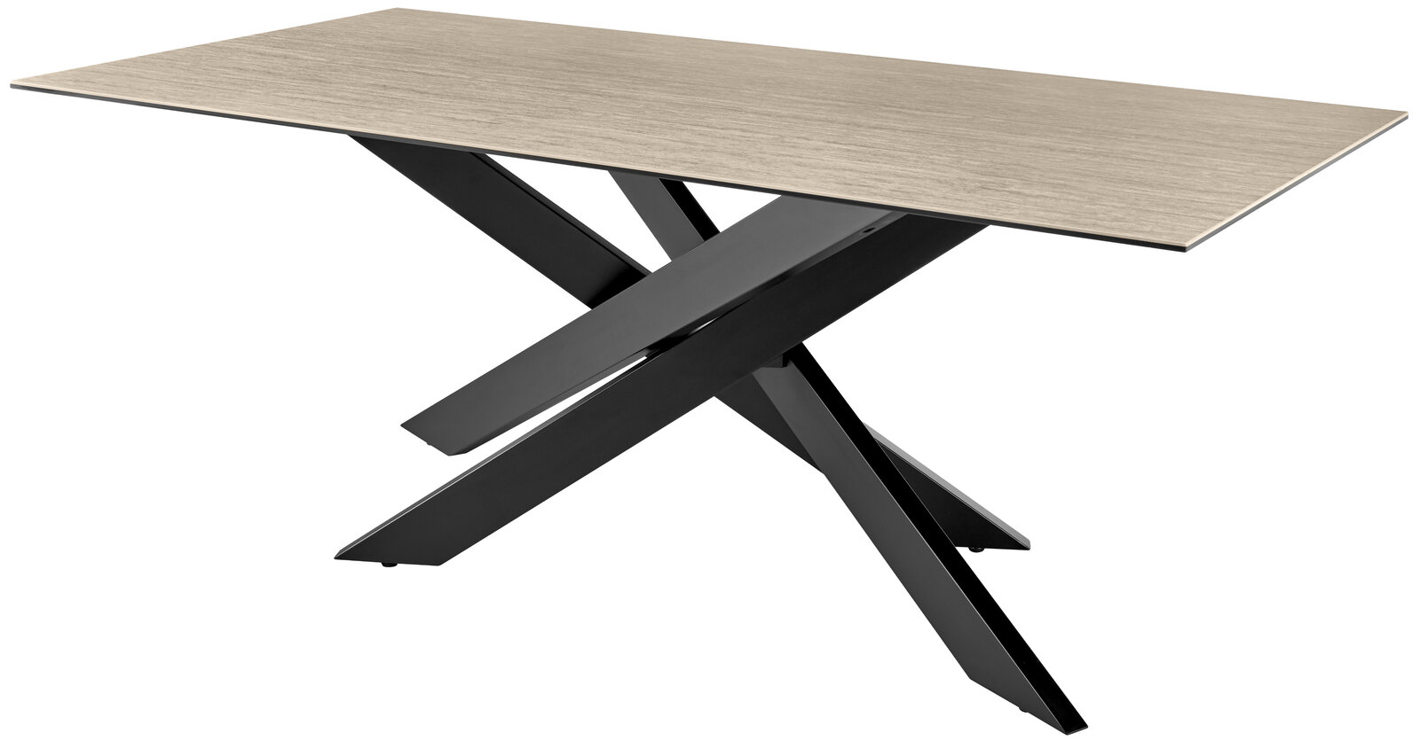 Moderner Esstisch mit heller Holzplatte und schwarzem, gekreuztem Metallgestell, seitliche Perspektive