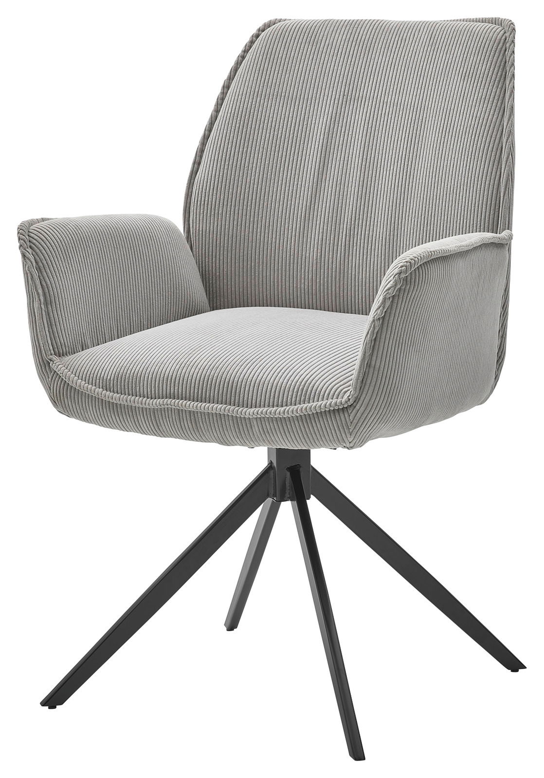 Musterring Armlehnstuhl MR TIAMA Grauer Armlehnstuhl mit modernem Design, aus einer schrägen Perspektive fotografiert. Der Stuhl hat ein gestepptes Polster und ein schwarzes Metallgestell mit vier Beinen.
