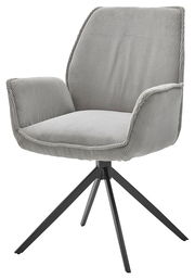 Grauer Armlehnstuhl mit modernem Design, aus einer schrägen Perspektive fotografiert. Der Stuhl hat ein gestepptes Polster und ein schwarzes Metallgestell mit vier Beinen.