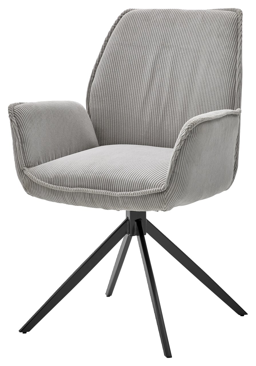 Grauer Armlehnstuhl mit modernem Design, aus einer schrägen Perspektive fotografiert. Der Stuhl hat ein gestepptes Polster und ein schwarzes Metallgestell mit vier Beinen.