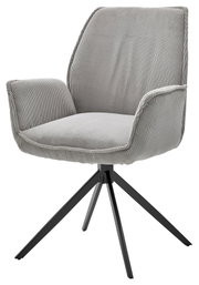 Grijze fauteuil met een modern ontwerp, gefotografeerd vanuit een schuin perspectief. De stoel heeft een doorgestikte bekleding en een zwart metalen frame met vier poten.