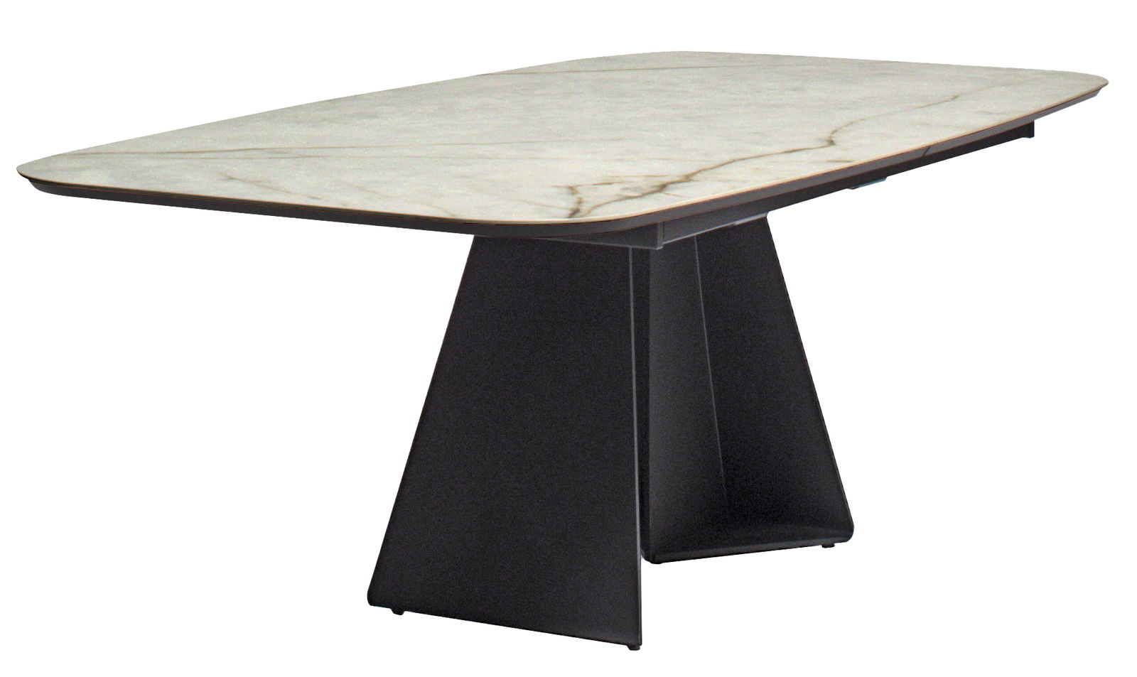 Moderner Esstisch LUCCA mit marmorierter Tischplatte und schwarzem, geometrischem Untergestell, seitliche Perspektive.