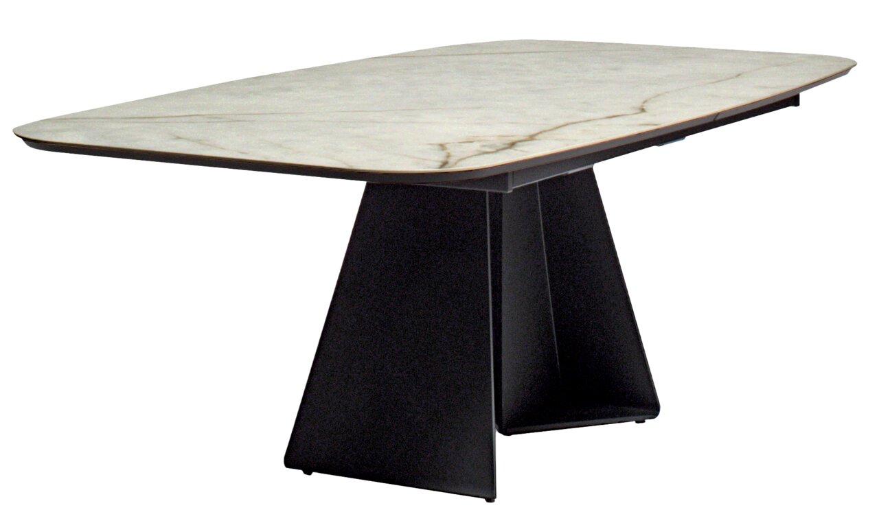 Moderner Esstisch LUCCA mit marmorierter Tischplatte und schwarzem, geometrischem Untergestell, seitliche Perspektive.