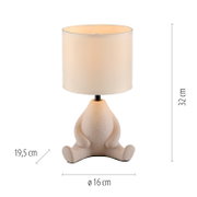 Niedliche Tischlampe mit weißem zylindrischem Stoffschirm und beige gesprenkeltem Frosch-Fuß als Lampenfuß, Produktansicht von vorn; Maße ca. 32 cm hoch, Ø 16 cm, 19,5 cm breit