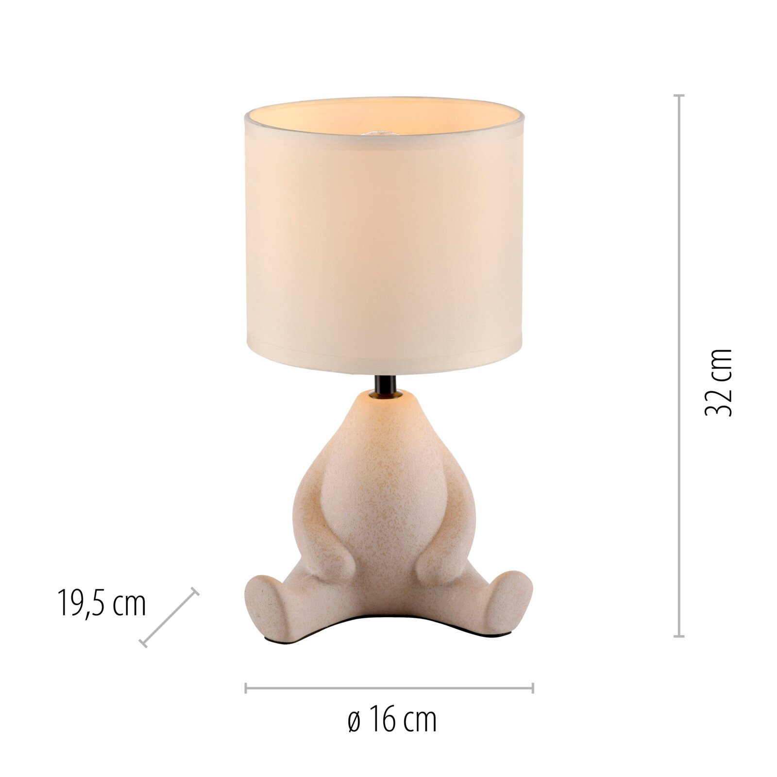 Niedliche Tischlampe mit weißem zylindrischem Stoffschirm und beige gesprenkeltem Frosch-Fuß als Lampenfuß, Produktansicht von vorn; Maße ca. 32 cm hoch, Ø 16 cm, 19,5 cm breit