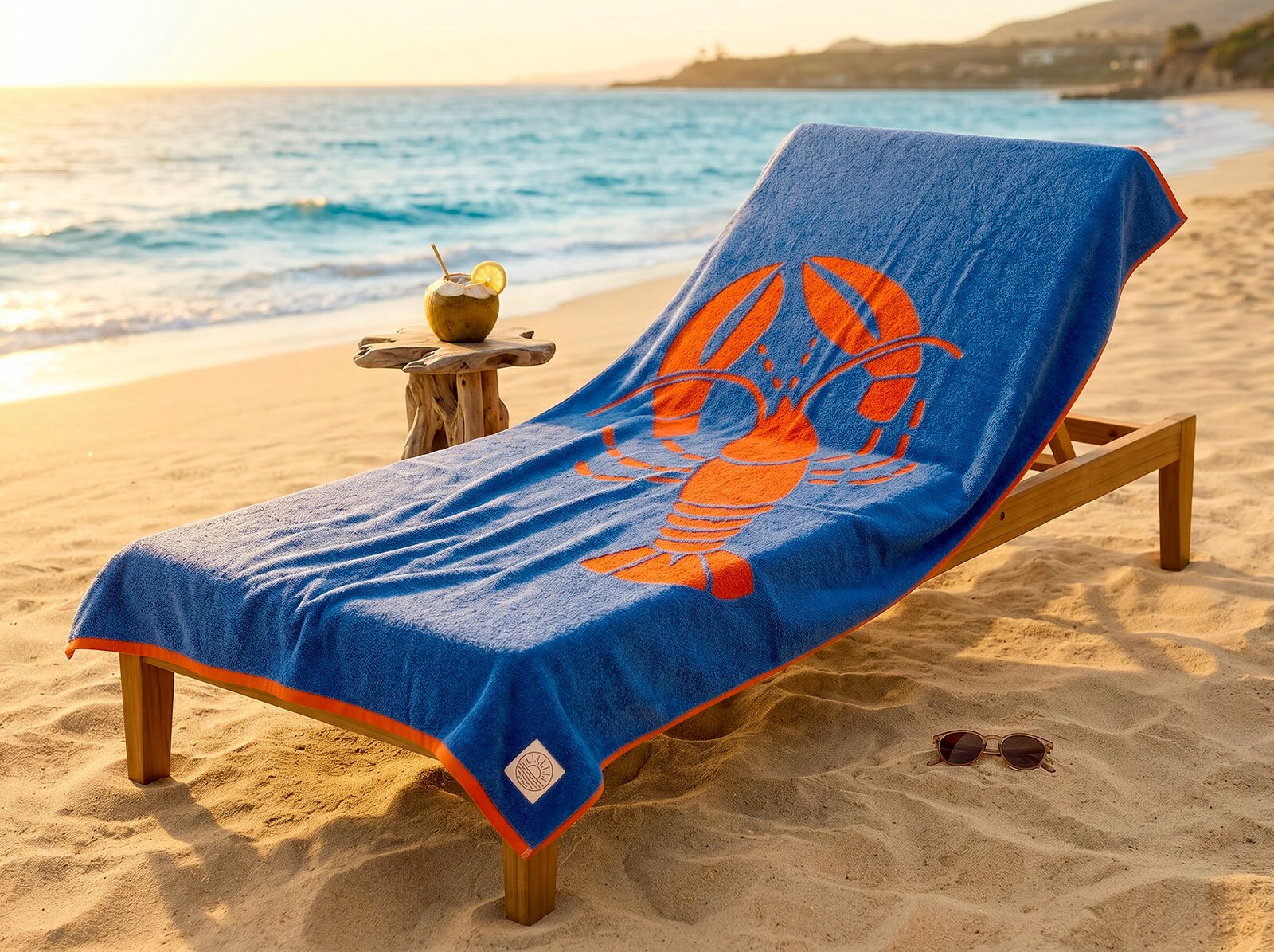 Depotex Strandtuch Hummer SOLLER HOME Blaue Stranddecke/Badetuch mit großem orangefarbenem Hummer-Motiv und orangefarbener Umrandung auf einer Holzliege am Sandstrand, seitliche Perspektive leicht von vorn; daneben kleiner Holztisch mit Kokosdrink und Sonnenbrille im Vordergrund, Meer im Hint