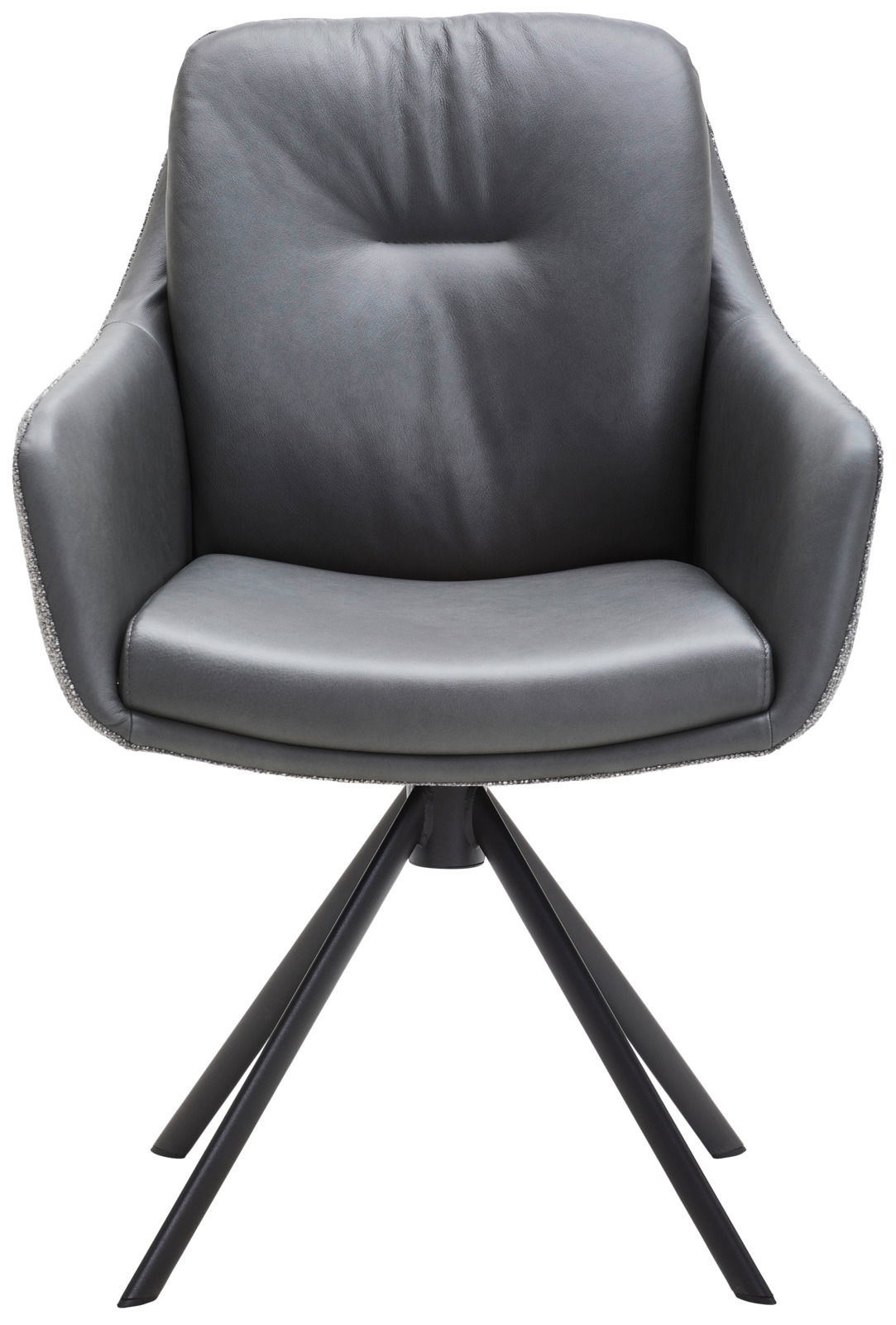 Waldwelt Armlehnstuhl ARUBA Moderner Armlehnstuhl ARUBA in dunklem Leder mit vier schwarzen Metallbeinen, Frontalansicht.
