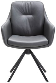 Moderner Armlehnstuhl ARUBA in dunklem Leder mit vier schwarzen Metallbeinen, Frontalansicht.