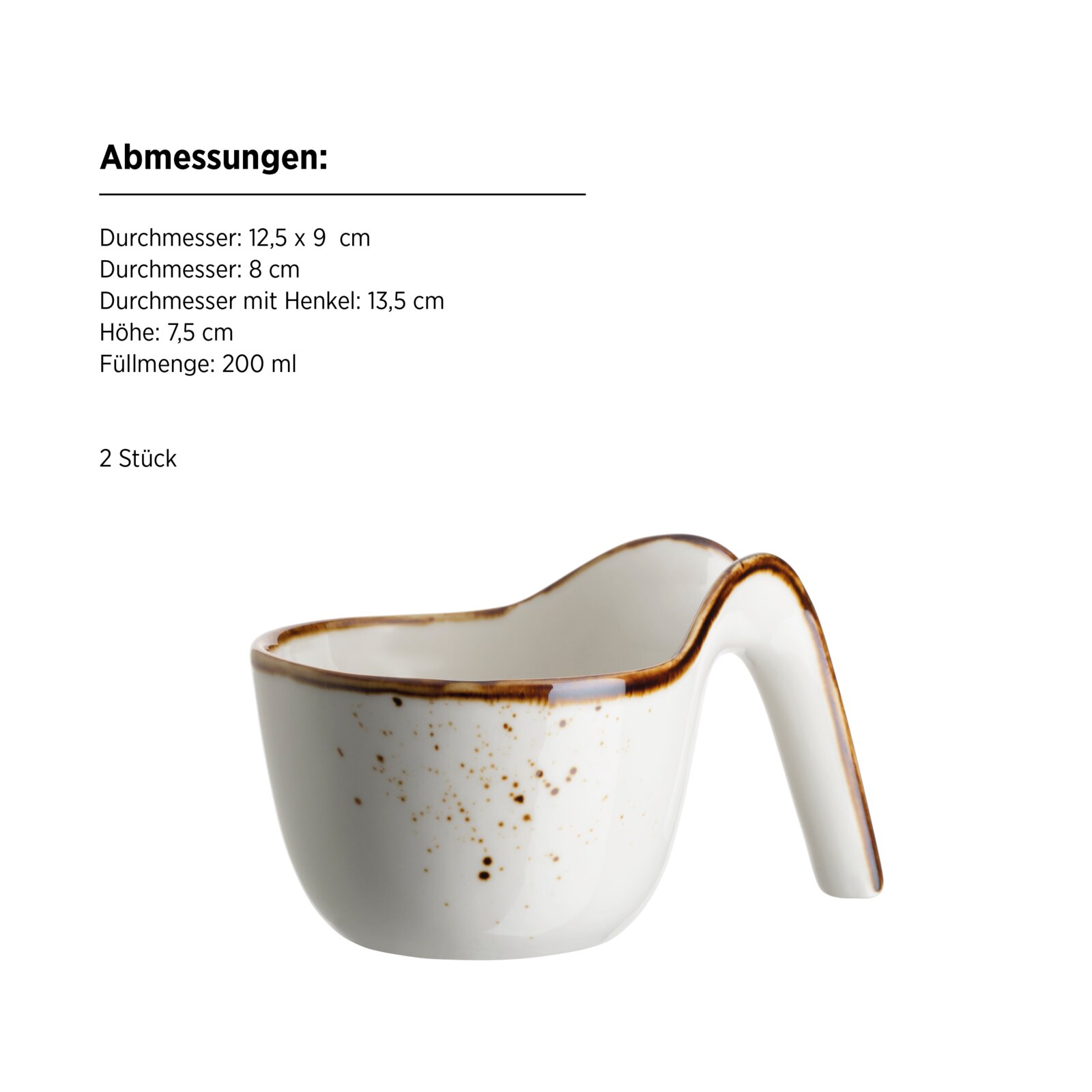 Keramik-Sauciere in Weiß mit braunem Rand und Sprenkel-Optik, 200 ml, freigestellt auf weißem Hintergrund, Perspektive: seitliche Ansicht leicht von oben