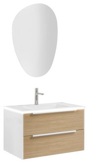 Moderne badkamerwastafelset met ovale spiegel, witte wastafel met twee lades in houtlook en verchroomde kraan, vooraanzicht licht van links