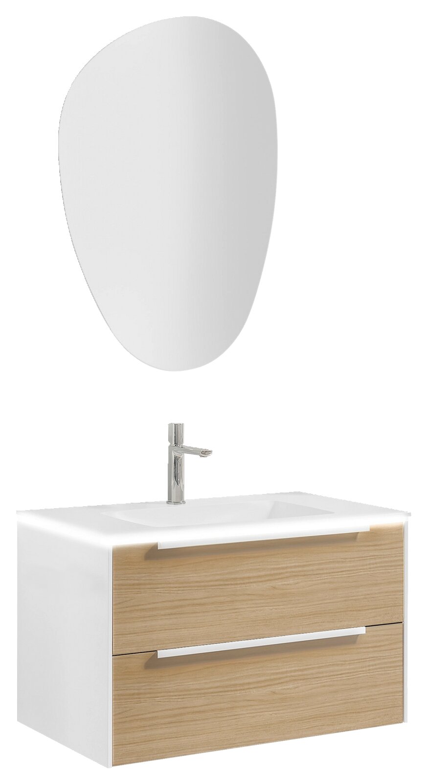 Moderne badkamerwastafelset met ovale spiegel, witte wastafel met twee lades in houtlook en verchroomde kraan, vooraanzicht licht van links