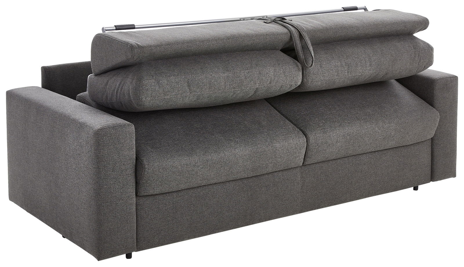 Rückansicht eines grauen Funktionssofas mit verstellbarer Rückenlehne.