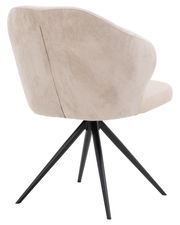 Rückansicht eines Armlehnstuhls mit beigem, geripptem Stoffbezug und schwarzen Metallbeinen.