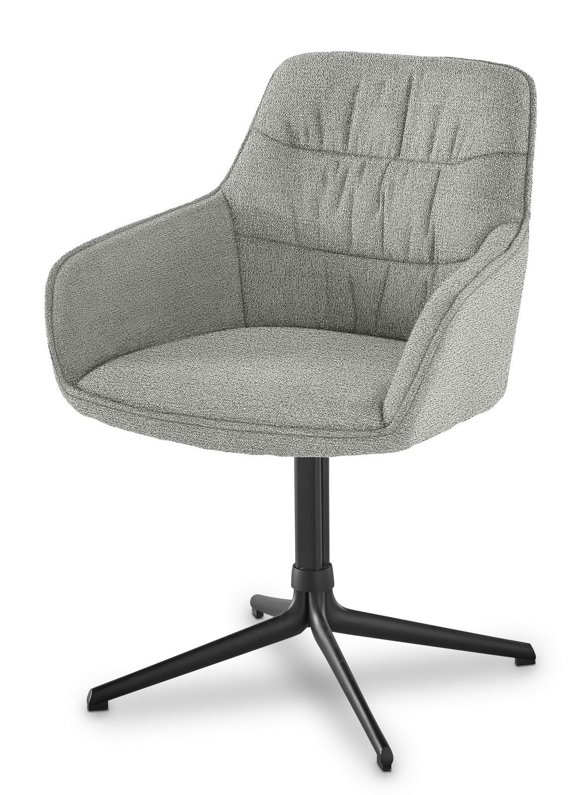 Grauer Armlehnstuhl mit gepolsterter Sitzfläche und Rückenlehne, auf schwarzem Drehgestell, seitliche Perspektive