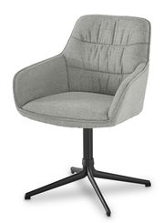 Grauer Armlehnstuhl mit gepolsterter Sitzfläche und Rückenlehne, auf schwarzem Drehgestell, seitliche Perspektive